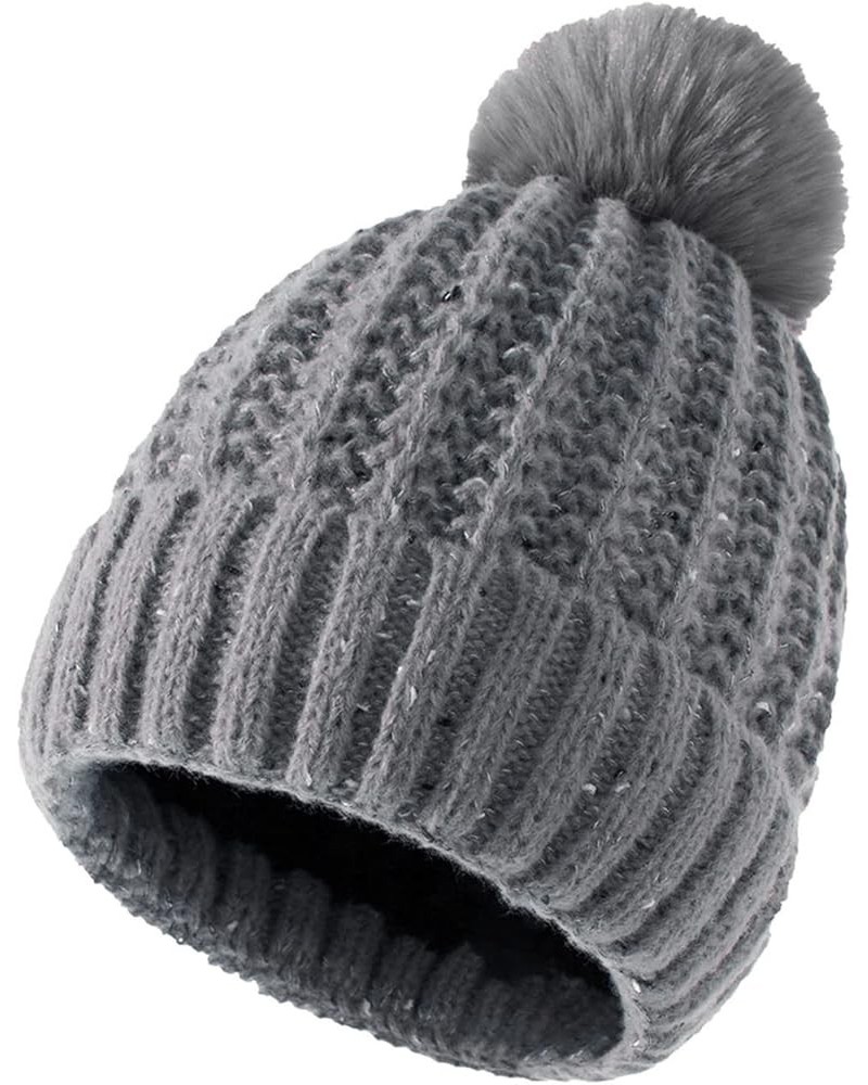 Womens Knit Beanie Hat, Women's Warm Chunky Cable Knit Hats with Faux Fur Pom Warm Knit Skull Cap for Cold Weather A01-grey $...