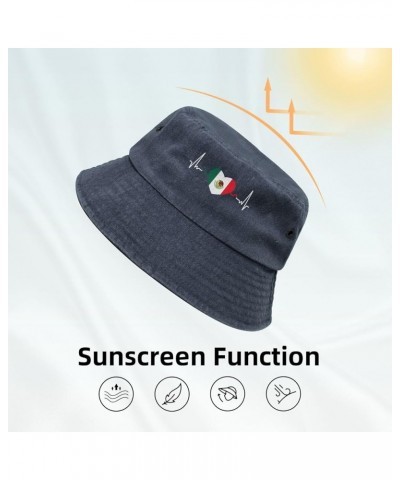 Mexico Flag Heartbeat Bucket Hats Summer Fisherman Cap Demin Hat for Women Men Navy Blue $19.74 Bucket Hats