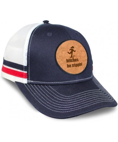 Patch Hat Printed Leather Background Bitches Be Trippin' Grandma Grandmother Cotton Trucker Baseball Cap Navy White Stripes C...