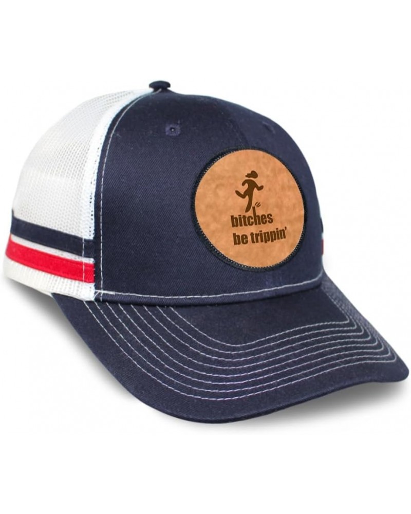 Patch Hat Printed Leather Background Bitches Be Trippin' Grandma Grandmother Cotton Trucker Baseball Cap Navy White Stripes C...