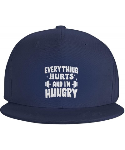 Everything Hurts and Im Hungry Hats Funny Bill Visor Hat Flat Brim High Top Baseball Cap Black Navy Blue $11.40 Baseball Caps