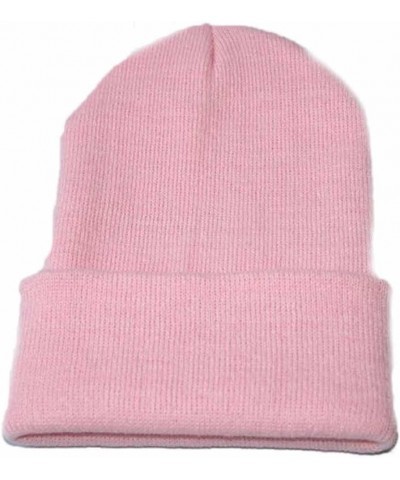 Women Men Stretchy Cuffed Winter Hat Warm Solid Color Knit Hats Soft Breathable Cozy Stretchy Streetwear Hat Pink $6.03 Skull...