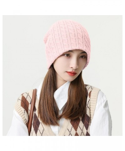 Women Warm Solid Twist Knit Crochet Pile Pile Hat Pullover Cap Snow Hat for Men Pink-b $12.18 Skullies & Beanies