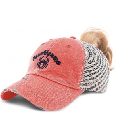 Womens Ponytail Cap Tsuchigumo Mythical Creatures Creature Cotton Fairy Distressed Trucker Hat Coral Design Only $12.40 Baseb...