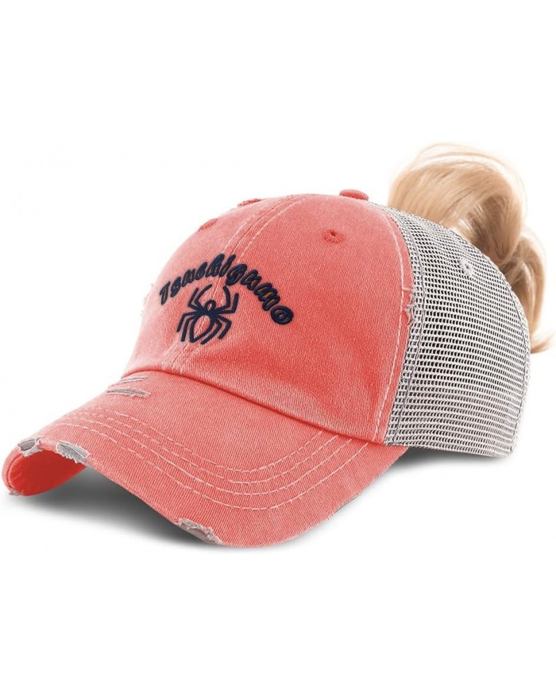 Womens Ponytail Cap Tsuchigumo Mythical Creatures Creature Cotton Fairy Distressed Trucker Hat Coral Design Only $12.40 Baseb...