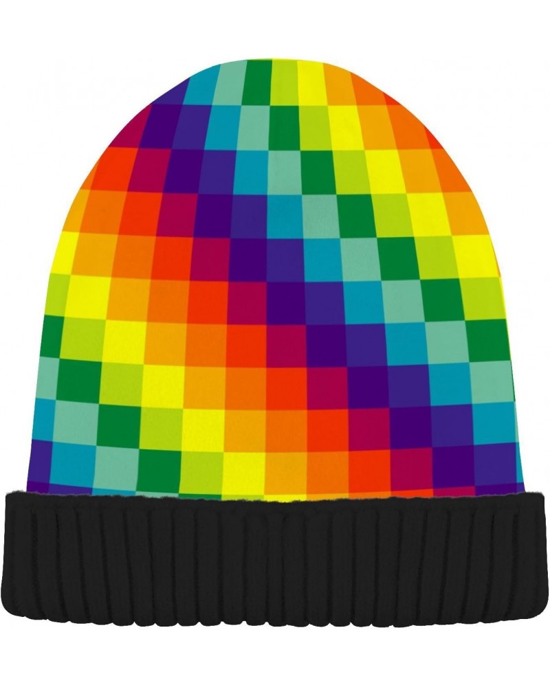 Colorful Rainbow Square Cuffed Beanie Hats Reversible Skull Cap Winter Kint Fisherman Beanies for Guys Men Women $11.65 Skull...