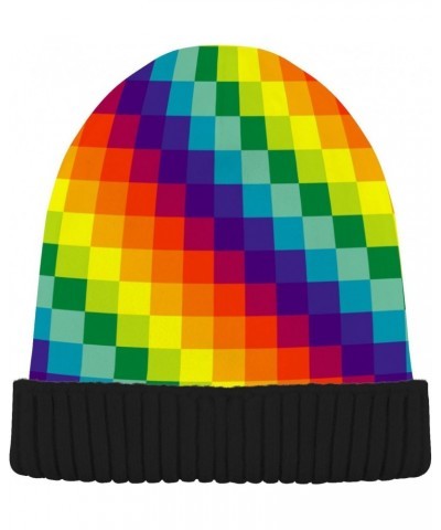 Colorful Rainbow Square Cuffed Beanie Hats Reversible Skull Cap Winter Kint Fisherman Beanies for Guys Men Women $11.65 Skull...