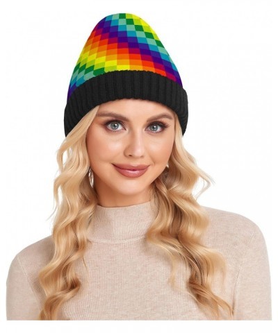 Colorful Rainbow Square Cuffed Beanie Hats Reversible Skull Cap Winter Kint Fisherman Beanies for Guys Men Women $11.65 Skull...