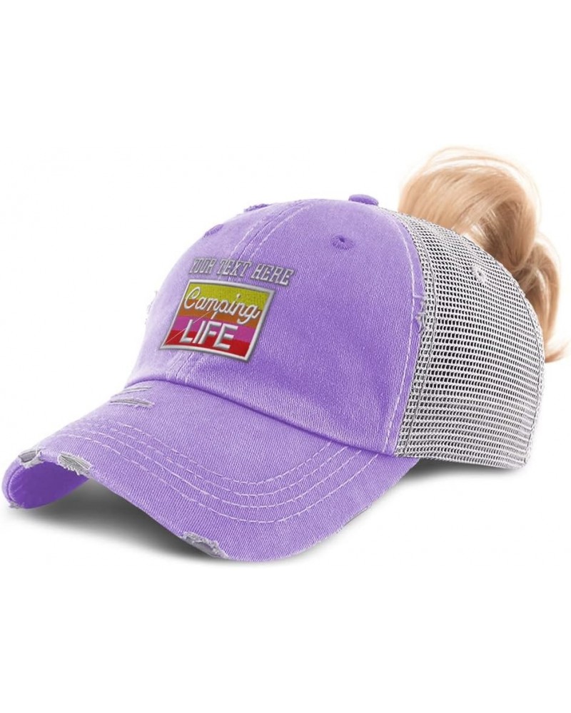 Custom Womens Ponytail Cap Camping Life Practice Hobbie Distressed Trucker Caps Lavender Personalized Text Here $16.73 Baseba...