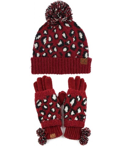 2pc Women's Winter Warm Fuzzy Leopard Animal Print Cuffed Beanie with Matching Gloves Burgundy $15.58 Skullies & Beanies