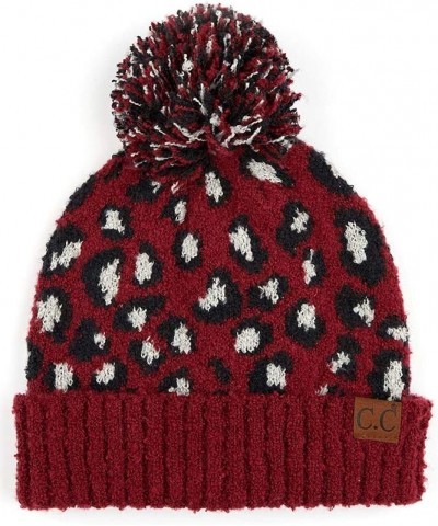 2pc Women's Winter Warm Fuzzy Leopard Animal Print Cuffed Beanie with Matching Gloves Burgundy $15.58 Skullies & Beanies