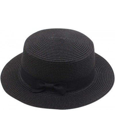 Women Flat Top Bowknot Short Brim Hats Summer Boater Sun Hat Vintage Beach Hat Gifts Birthday Black $6.23 Sun Hats