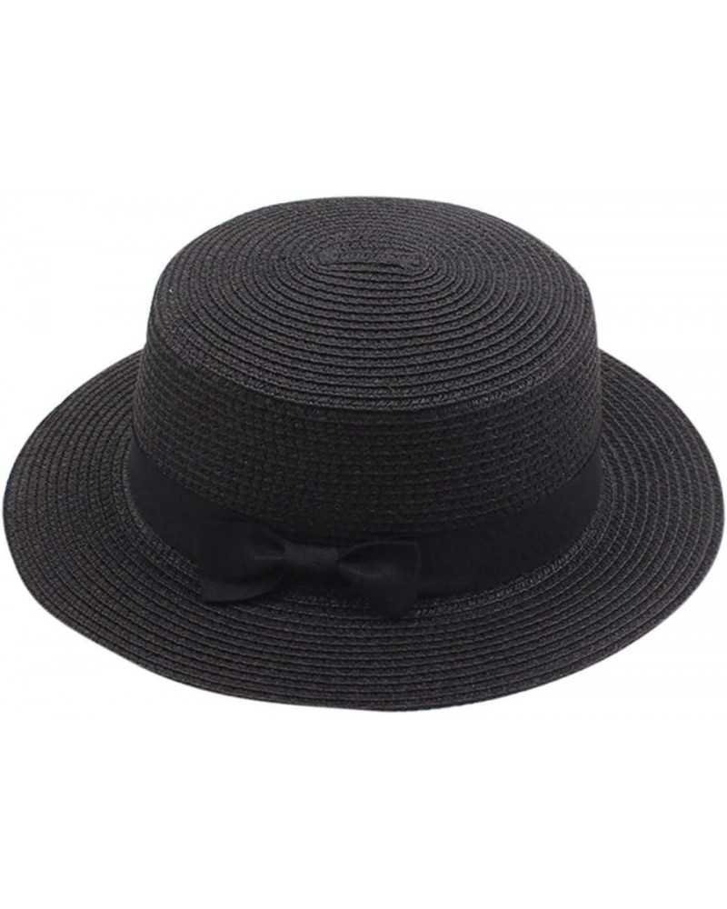 Women Flat Top Bowknot Short Brim Hats Summer Boater Sun Hat Vintage Beach Hat Gifts Birthday Black $6.23 Sun Hats