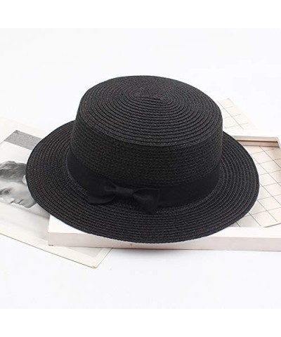 Women Flat Top Bowknot Short Brim Hats Summer Boater Sun Hat Vintage Beach Hat Gifts Birthday Black $6.23 Sun Hats