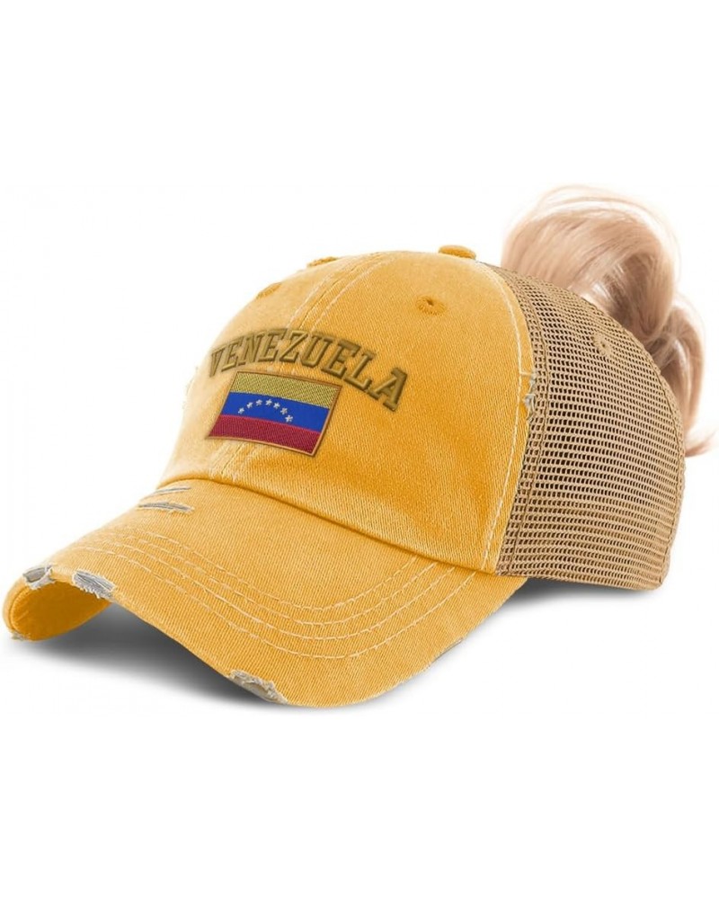 Womens Ponytail Cap Venezuela Flag Futbol America Cup Distressed Trucker Hats Mustard $14.50 Baseball Caps