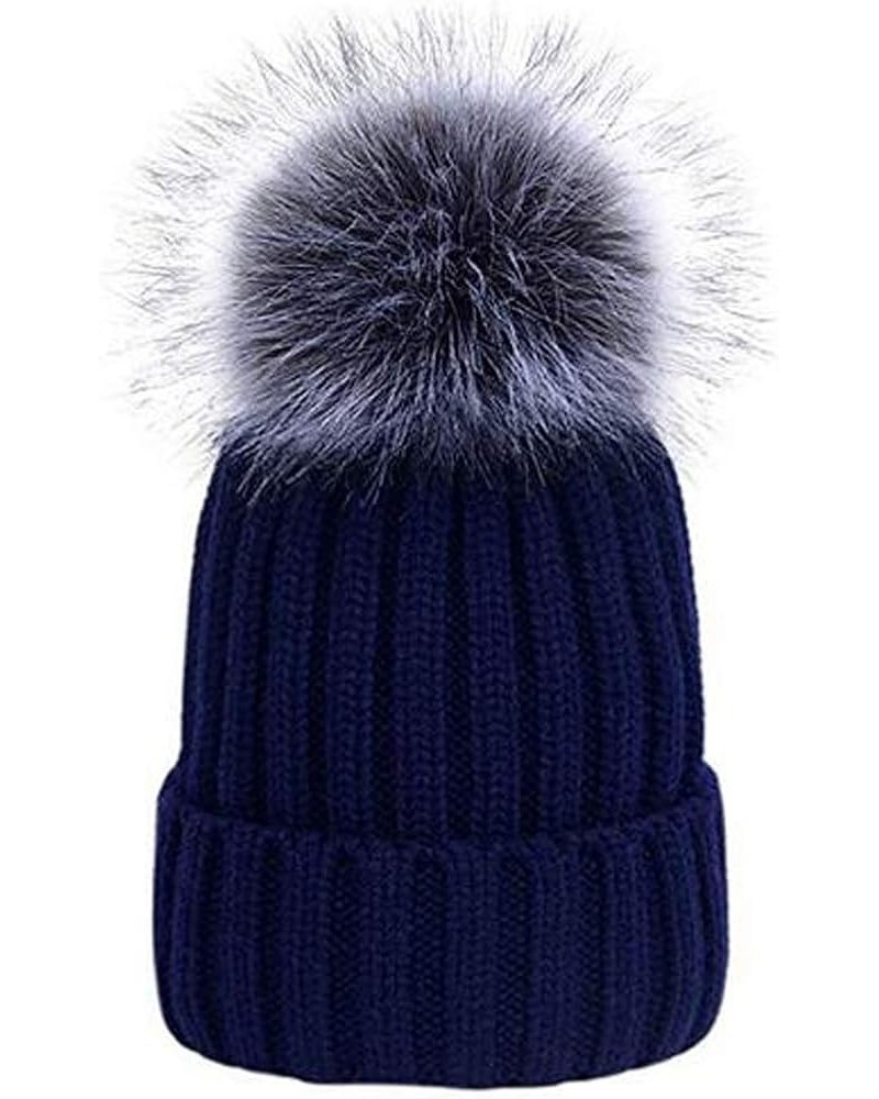 Adult Kid Winter Knit Hat Faux Fur Pompoms Fashion Style Thick Lined Beanie Hats Warm Soft Cozy Navy Blue $14.79 Skullies & B...