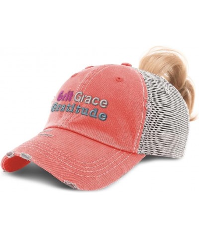 Womens Ponytail Cap Grit Grace Gratitude Style B Cotton Distressed Trucker Hats Coral $13.50 Baseball Caps