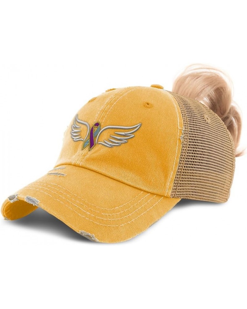 Womens Ponytail Cap Cancer Support Angel Wings Cotton Distressed Trucker Hats Mustard $16.79 Baseball Caps