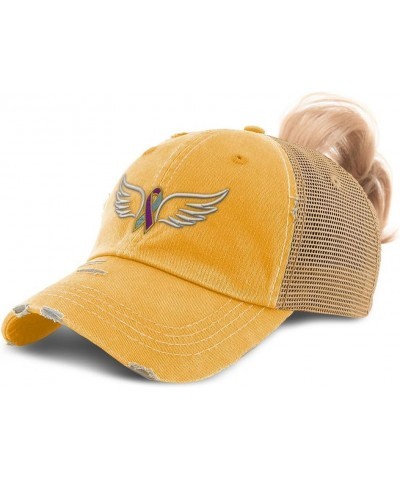 Womens Ponytail Cap Cancer Support Angel Wings Cotton Distressed Trucker Hats Mustard $16.79 Baseball Caps